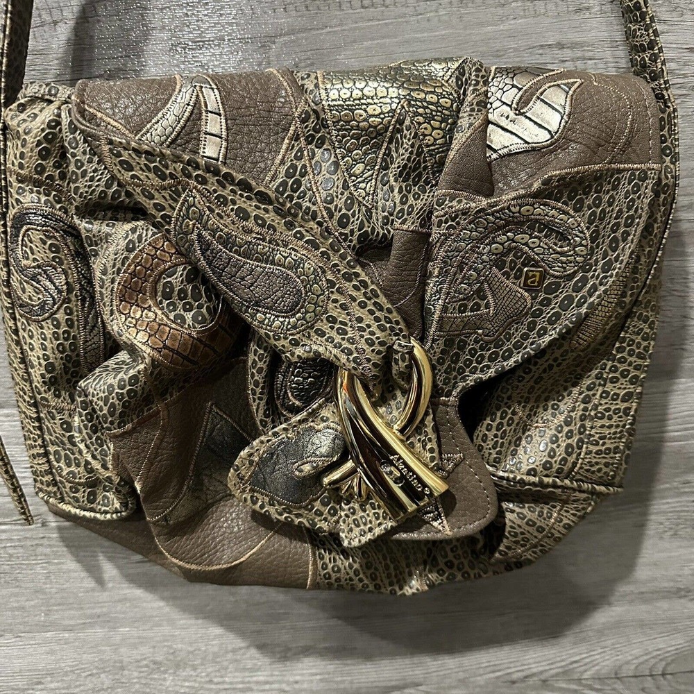 Women’s Brown Patterned Leather Shoulder Bag with Gold Accent